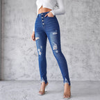 High-Waist Skinny Jeans with Distressed Details and Buttons