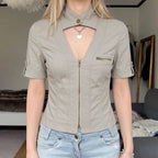 Women's Short-Sleeve Blouse with Refined Collar and Zipper
