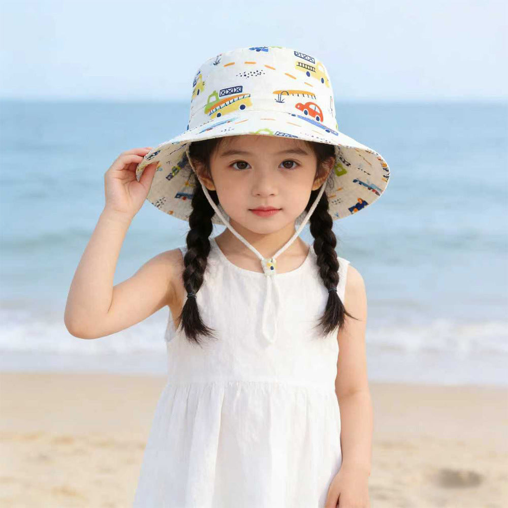 Unisex Kids' Wide Brim Sun Hat with Chin Strap and Unicorn Print