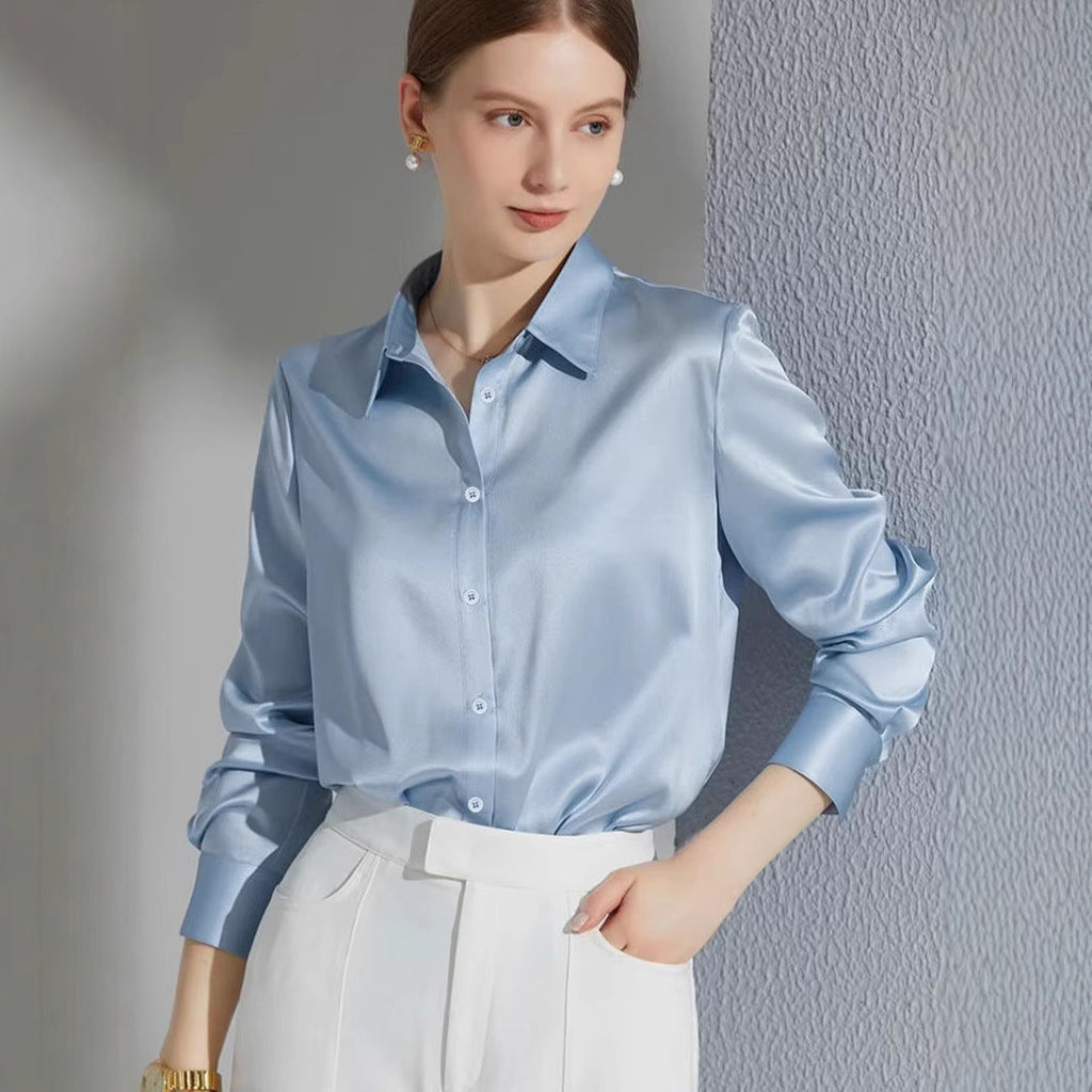 Women's Luxury Satin Blouse with Elegant Collar and Soft Sleeves
