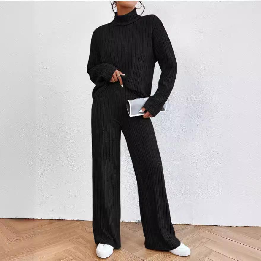 Women's Chunky Knit Two-Piece Set with High Collar and Wide Cut