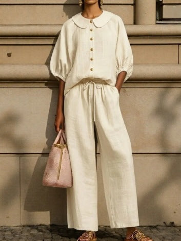 Women's Airy Two-Piece Set with Modern Collar and Button Details