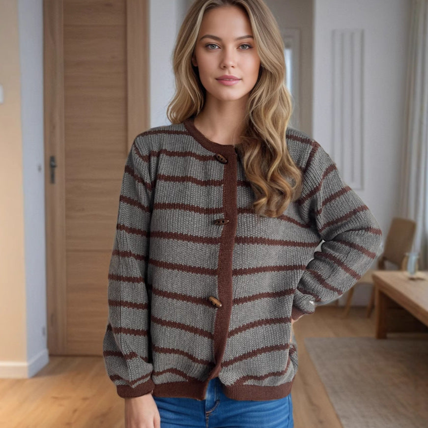 Women's Striped Cardigan with Wooden Buttons