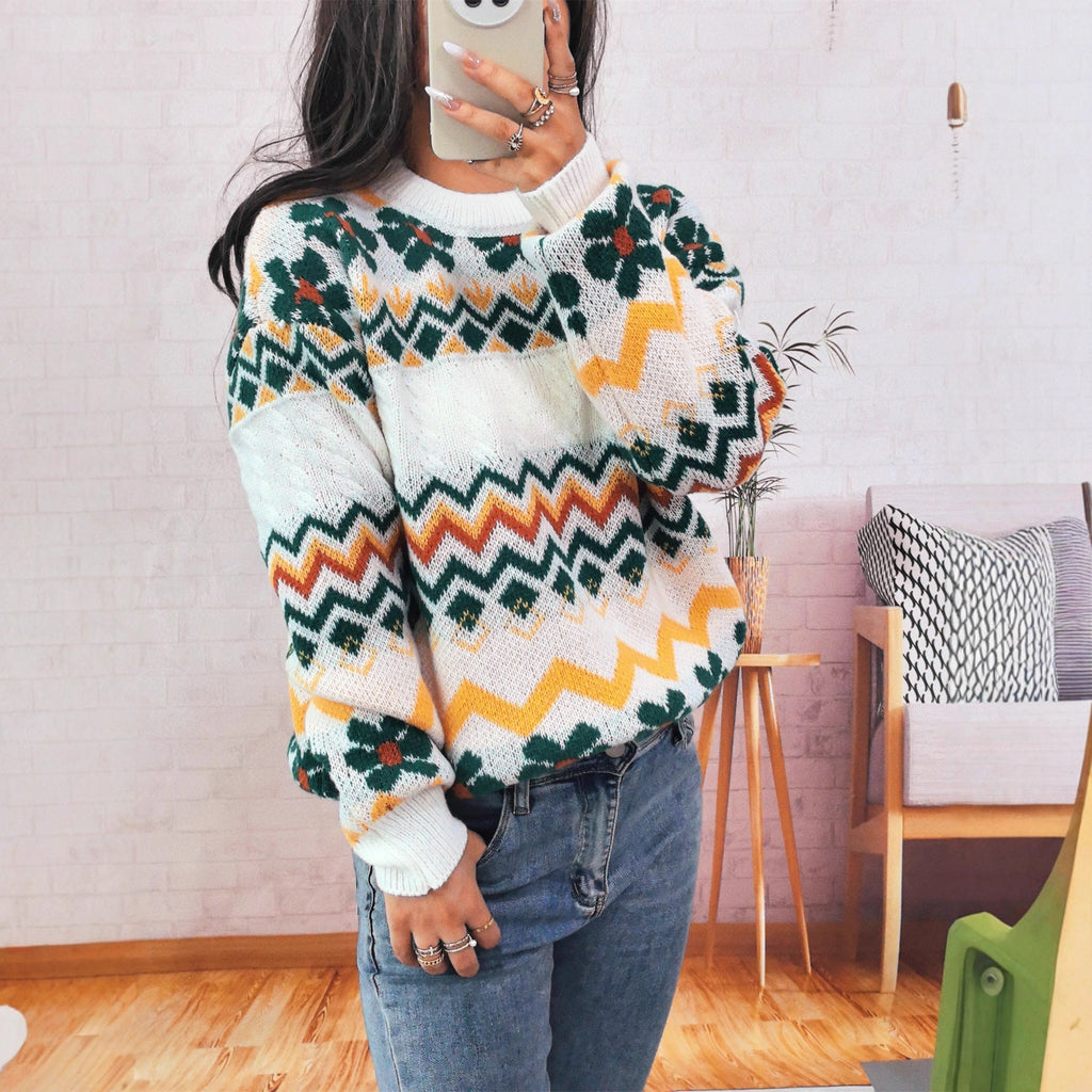 Women's Chunky Knit Sweater with Colorful Zigzag Pattern and Floral Accents
