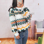 Women's Chunky Knit Sweater with Colorful Zigzag Pattern and Floral Accents
