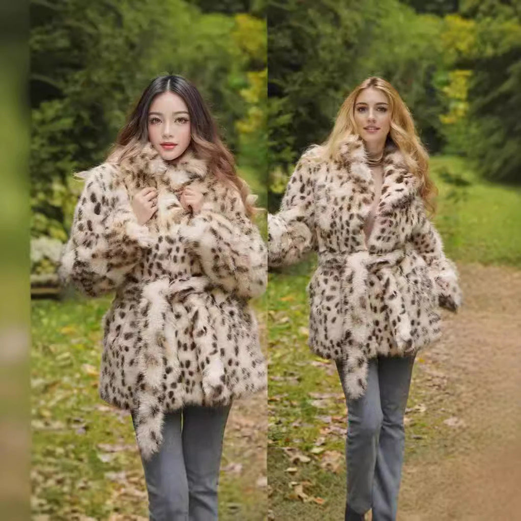Women's Elegant Faux Fur Coat with Belt and Leopard Print