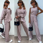 Women's Casual Relaxed-Fit Lounge Set with Wide Cut and Ribbed Design