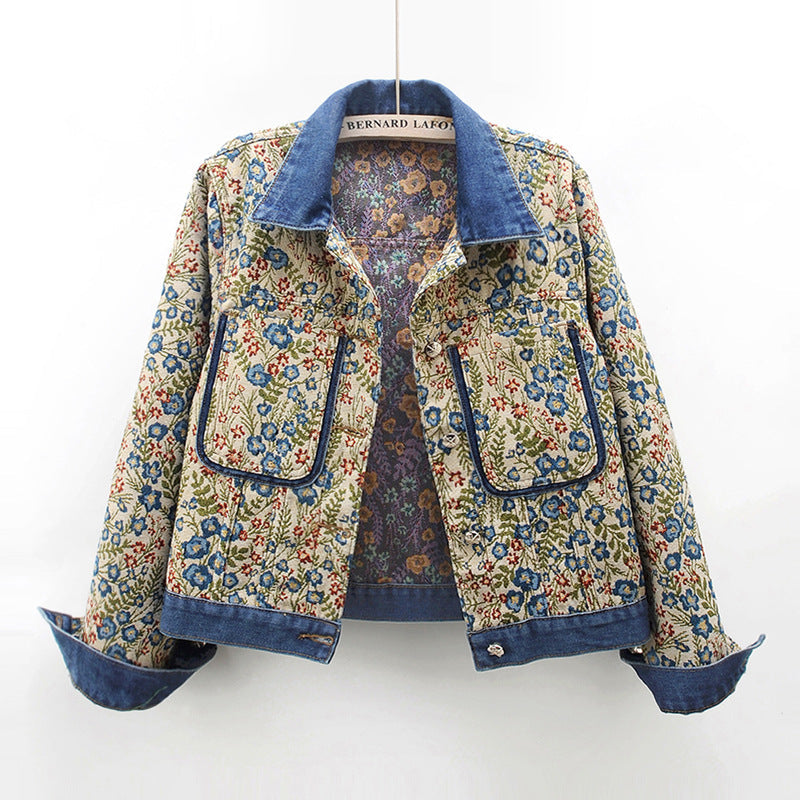 Women's Floral Denim Jacket with Patch Pockets and Collar