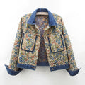 Women's Floral Denim Jacket with Patch Pockets and Collar