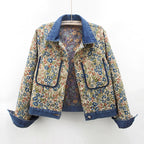 Women's Floral Denim Jacket with Patch Pockets and Collar