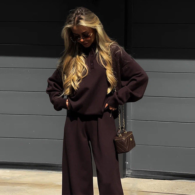 Women's Loungewear Combination with Loose Polo Shirt and Wide Pants