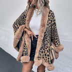 Women's Cozy Poncho with Faux Fur Trim and Leopard Print