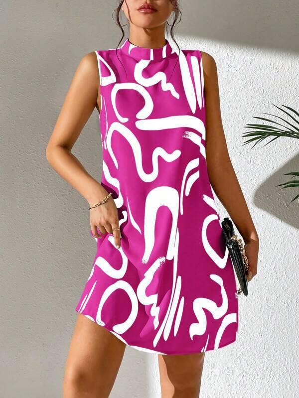 Women's A-Line Mini Dress with Modern Graphic Pattern and Stand-Up Collar