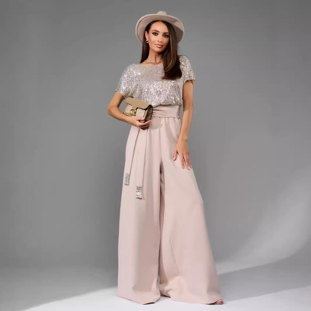 Glittering Wide-Leg Jumpsuit with Waist Belt