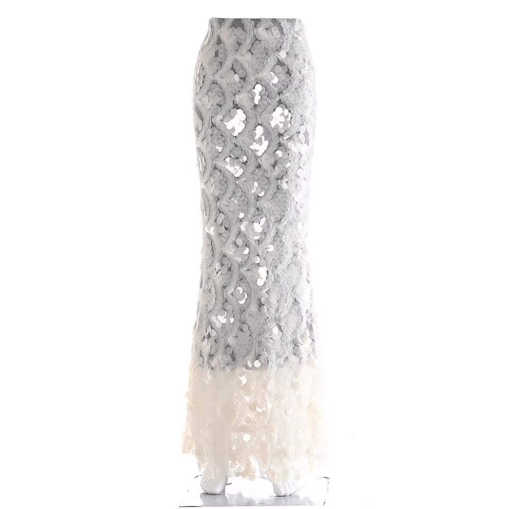 Women's Maxi Skirt with Unique Ruffle Design and Sheer Lace