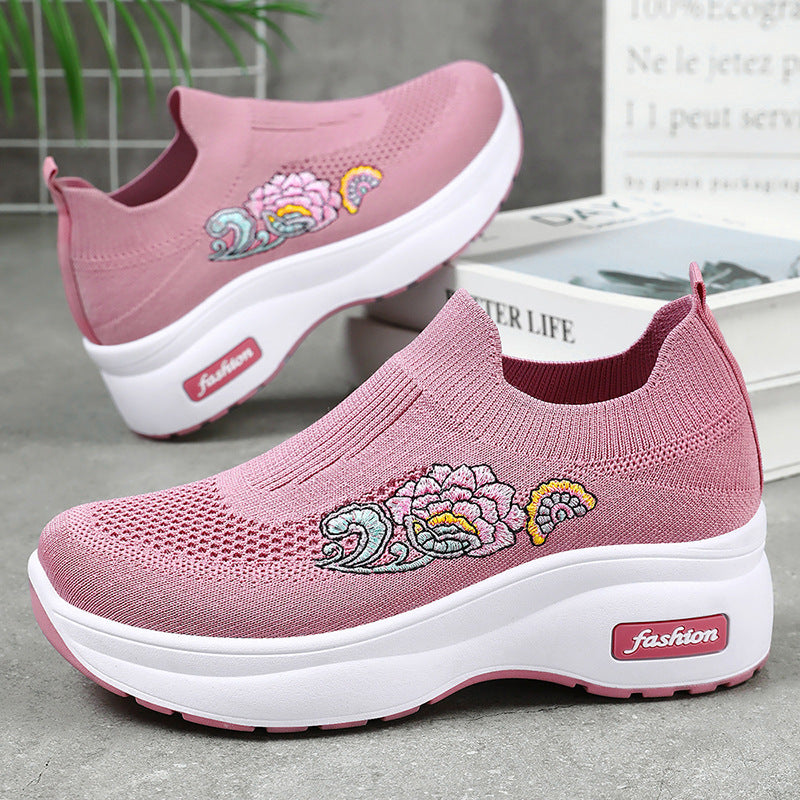 Women's Athletic Sneakers with Floral Design and Adjustable Platform Sole