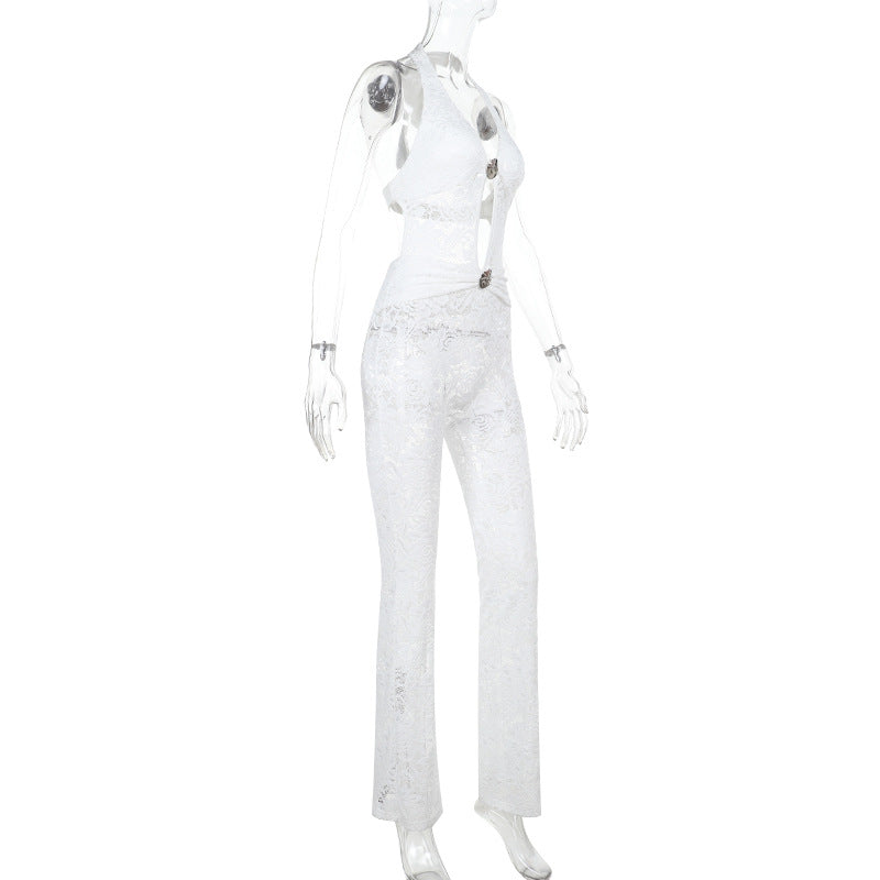 Women's Jumpsuit with Lace Detail and Deep V-Neck