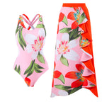 Women's Swimsuit Set with Floral Wrap Skirt and Modern Ruffle Design