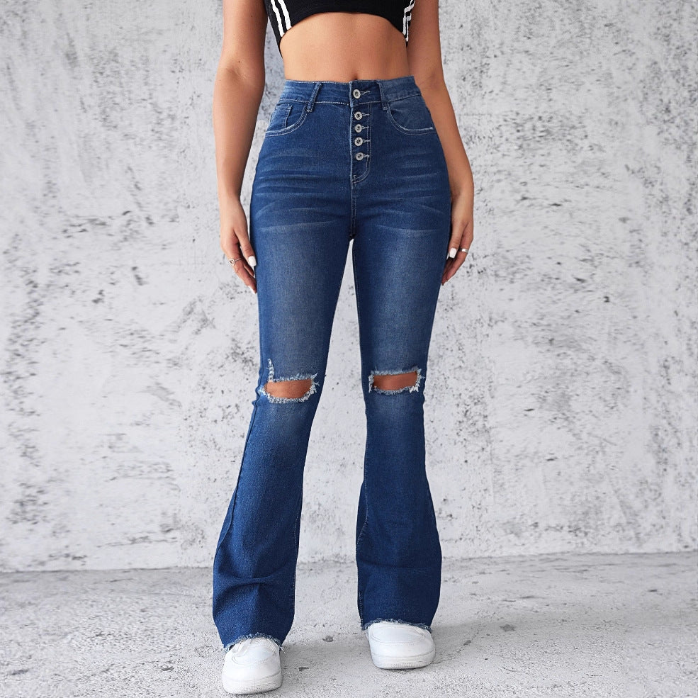 Women's High-Waisted Flared Jeans with Ripped Details