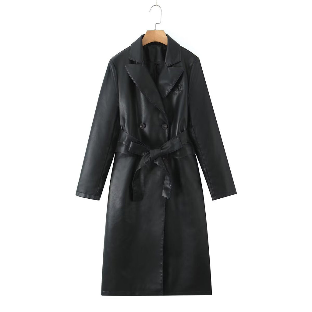 Women's Faux Leather Trench Coat with Waist Belt and Elegant Pocket Seams
