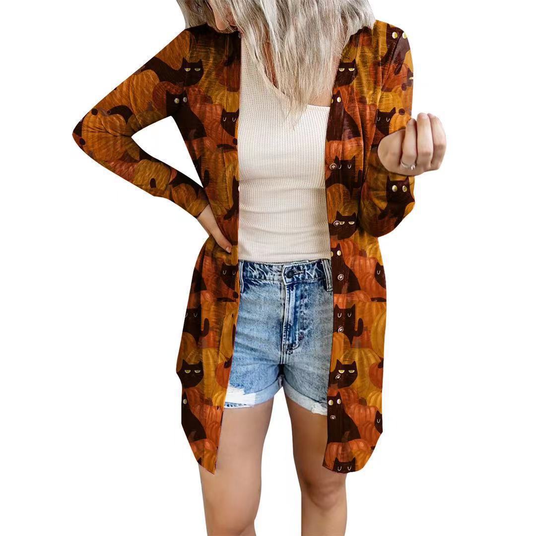 Women's Long-Sleeve Blouse with Animal Print and Button Closure
