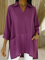 Women's Long-Sleeve Blouse with V-Neck and Pockets