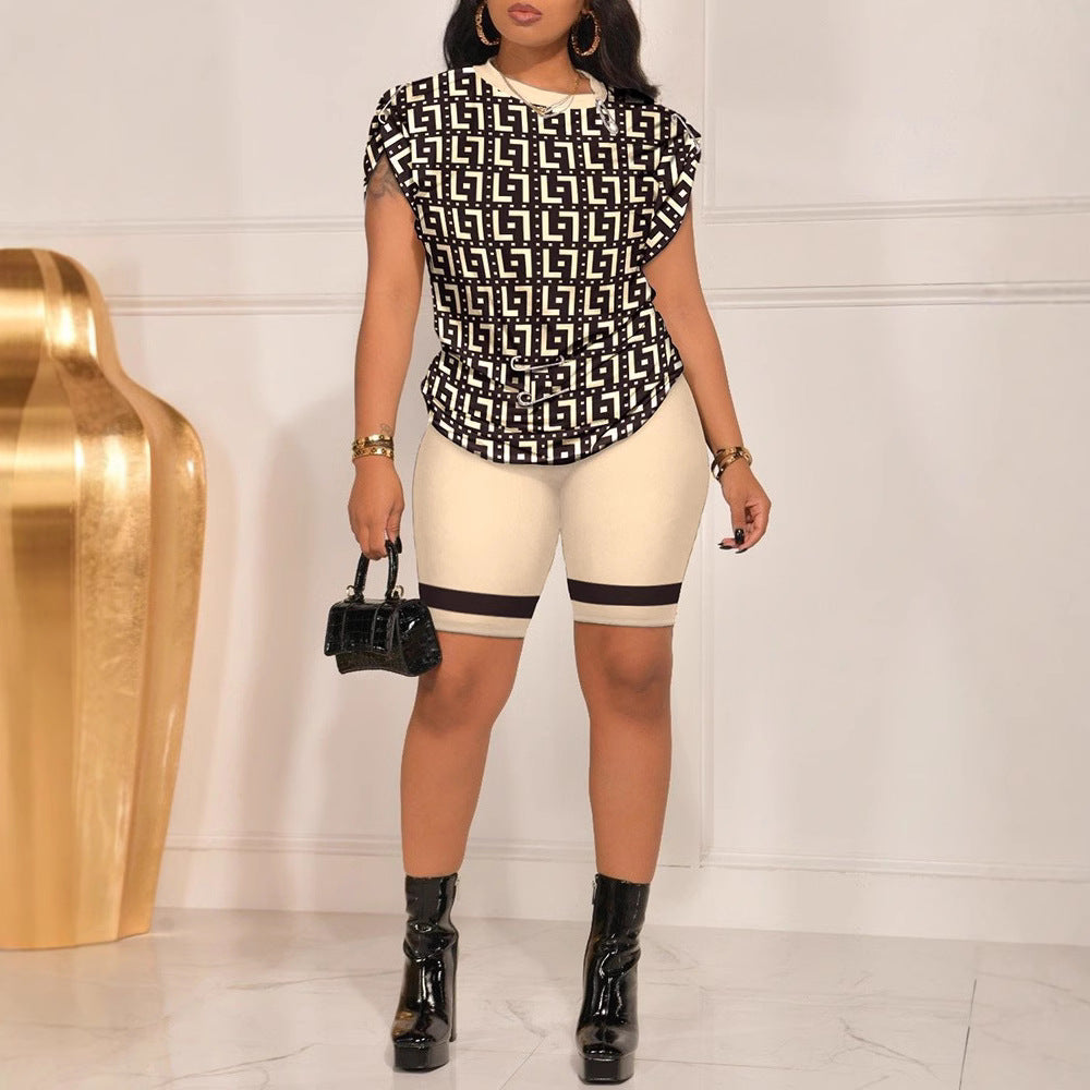 Geometric Print Top and Casual Biker Shorts Set
