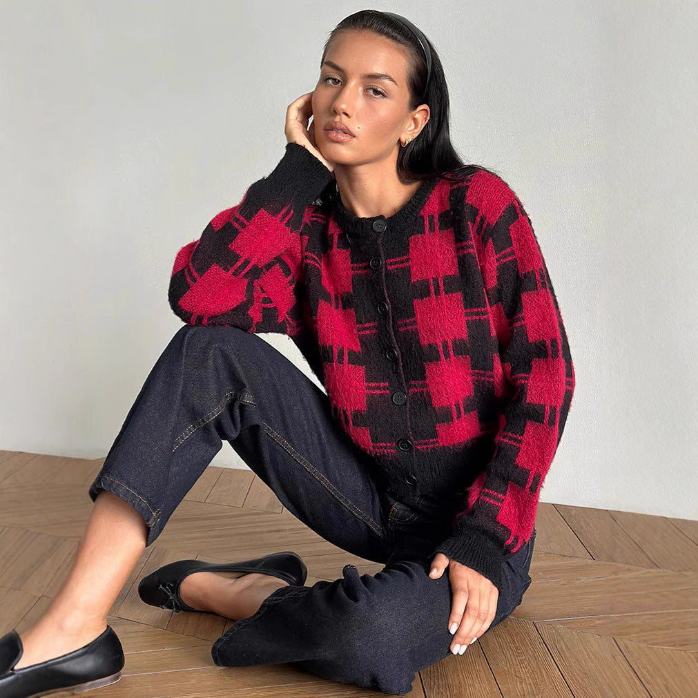 Women's Cropped Plaid Cardigan