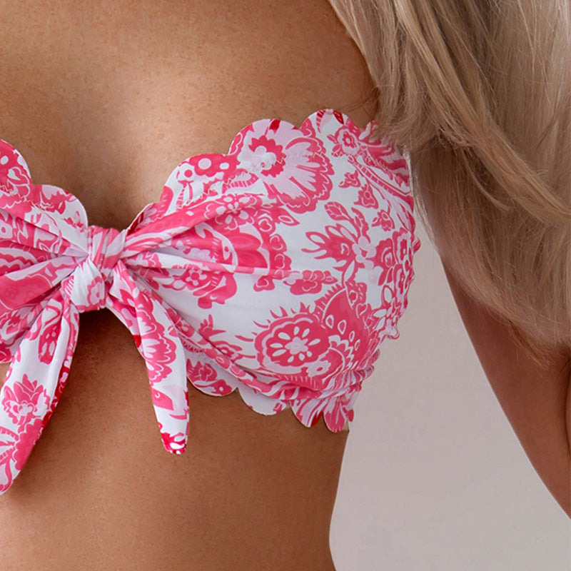 Women's Bandeau Bikini with Floral Ruffles