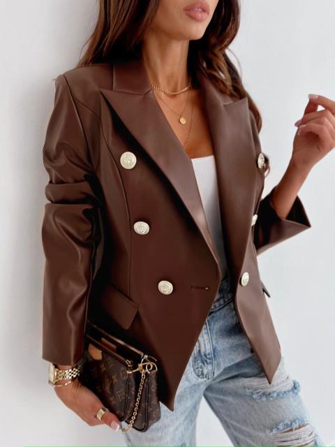 Women's Elegant Double-Breasted Faux Leather Blazer