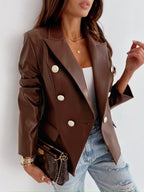 Women's Elegant Double-Breasted Faux Leather Blazer