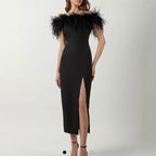 Evening Dress with Feather-Trimmed Bodice