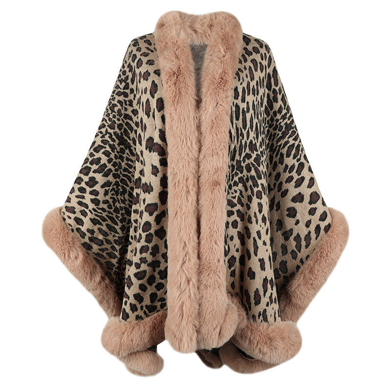 Women's Cozy Poncho with Faux Fur Trim and Leopard Print