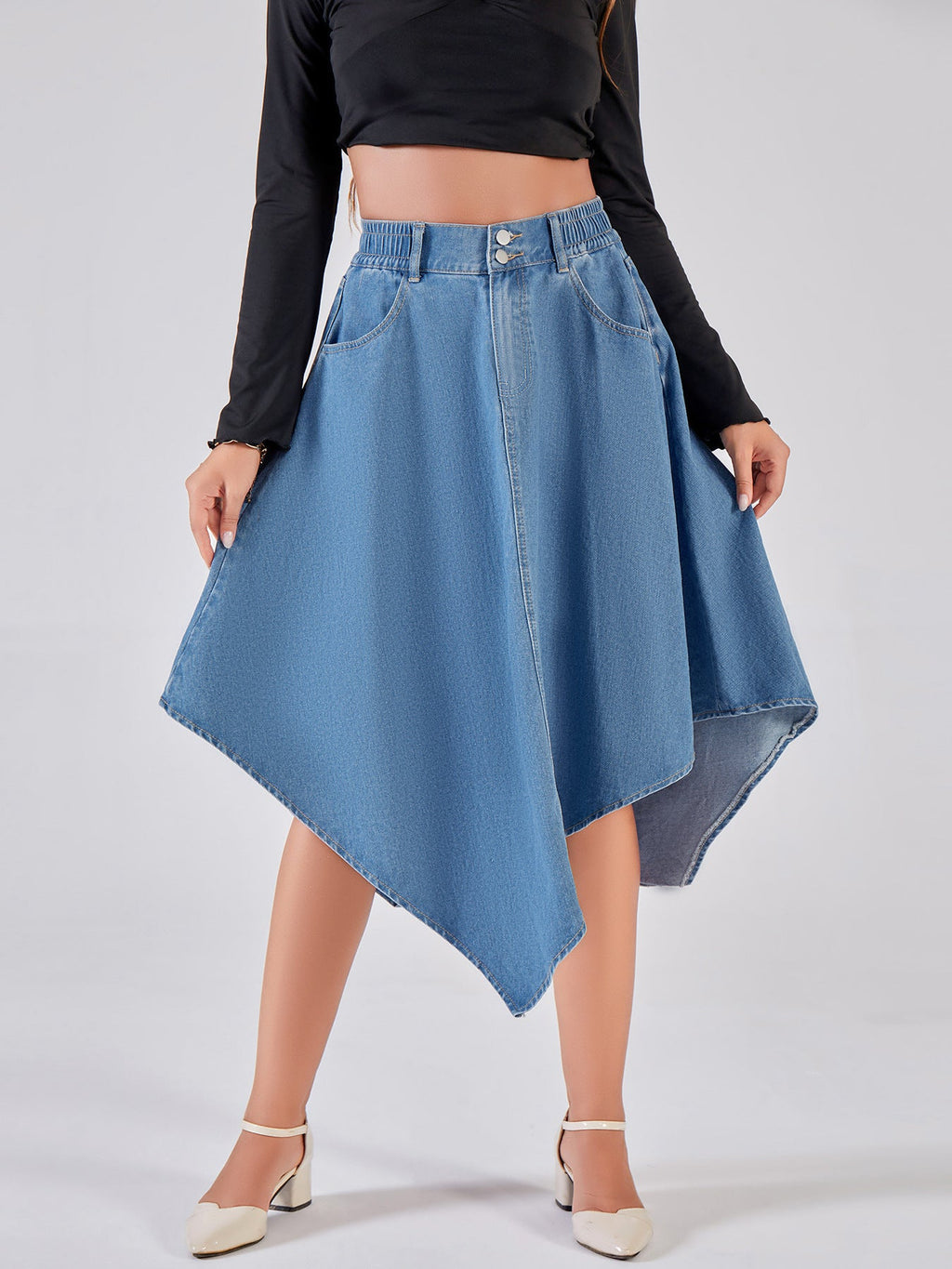 Women's Asymmetrical Denim Skirt with Attractive Hem Design