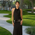 Women's Evening Dress with Cowl Neck and Glitter Waist