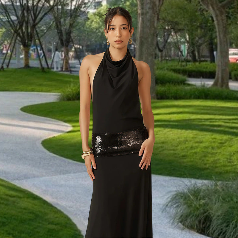 Women's Evening Dress with Cowl Neck and Glitter Waist