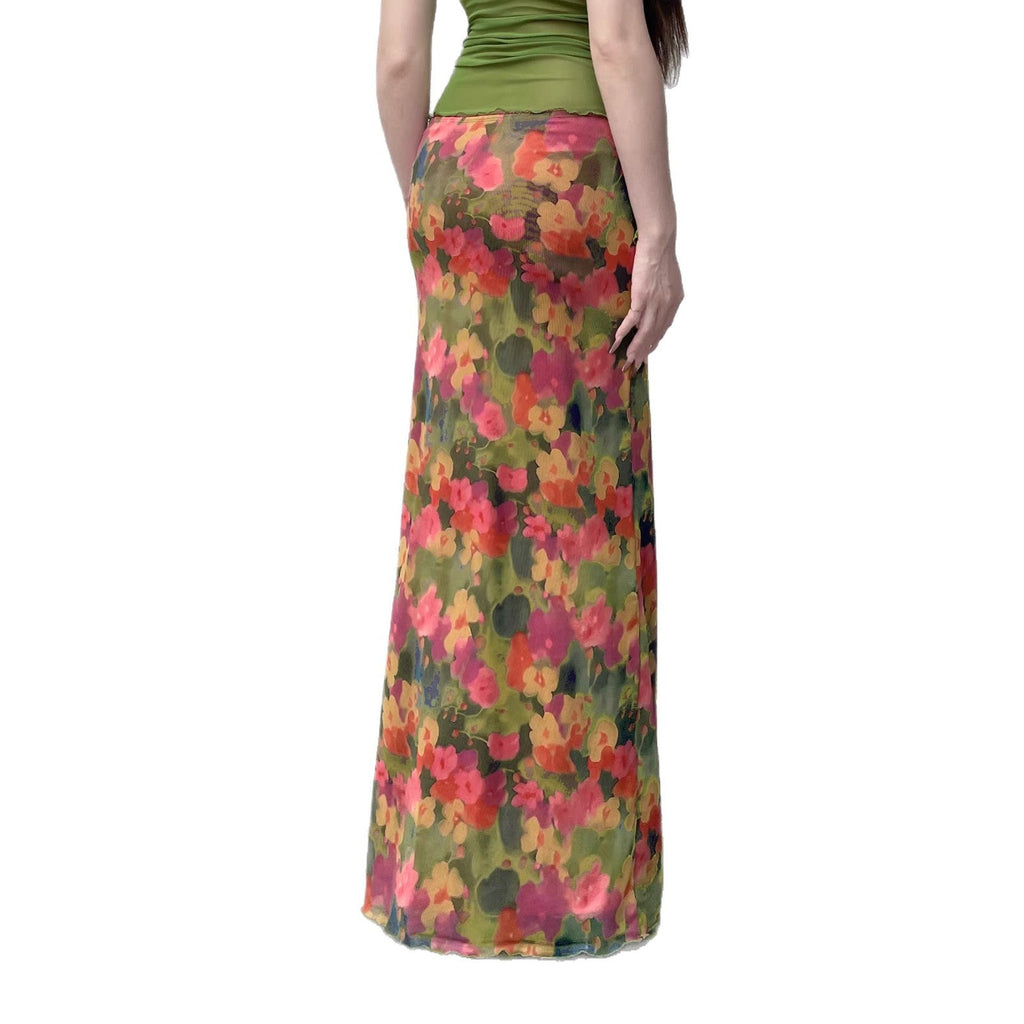 Women's Maxi Skirt with Floral Chiffon Design and Side Slit