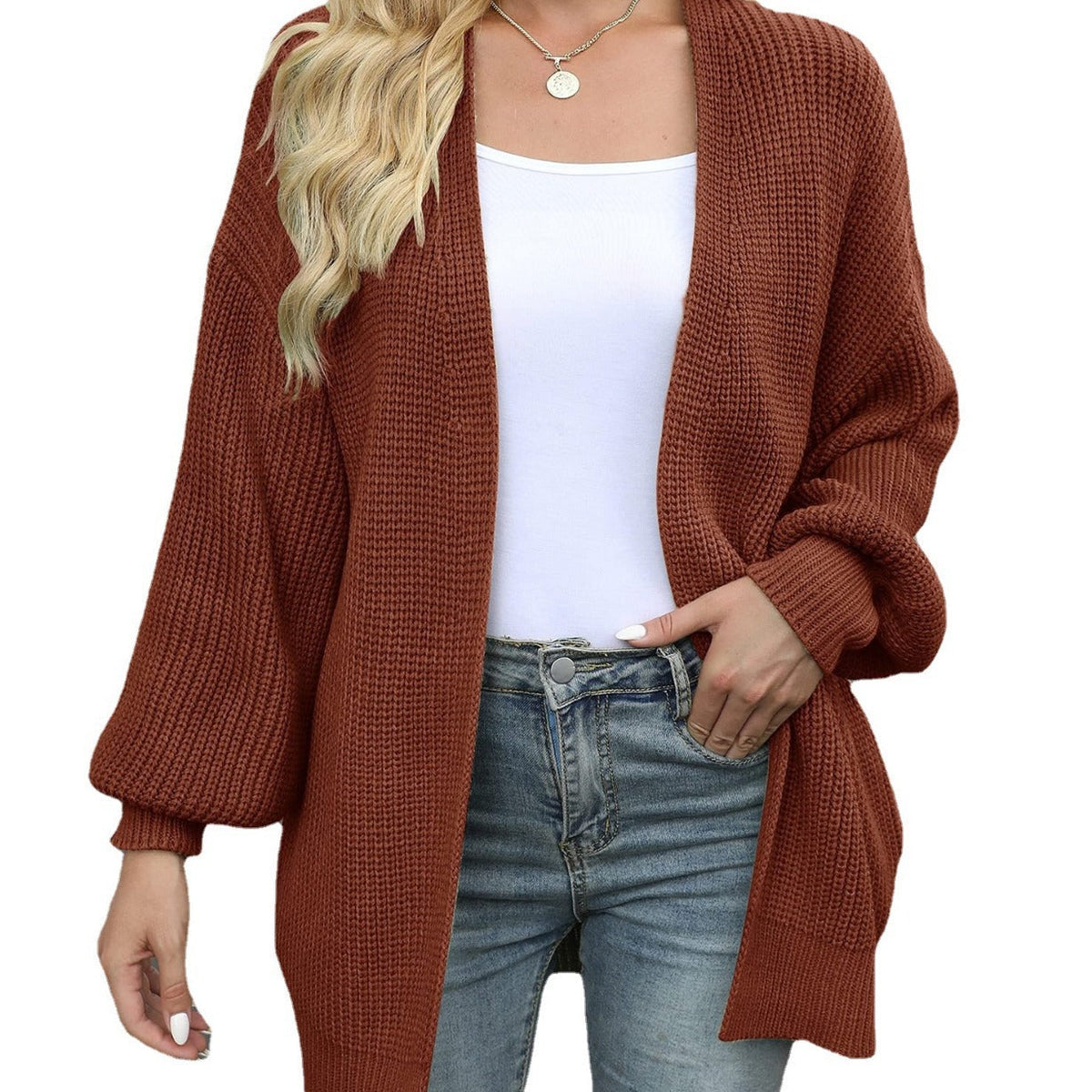 Women's Coarsely Knitted Cardigan with Dropped Shoulders