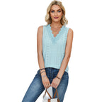 Women's Sleeveless Top with Decorative Eyelet Patterns and Lace Trim