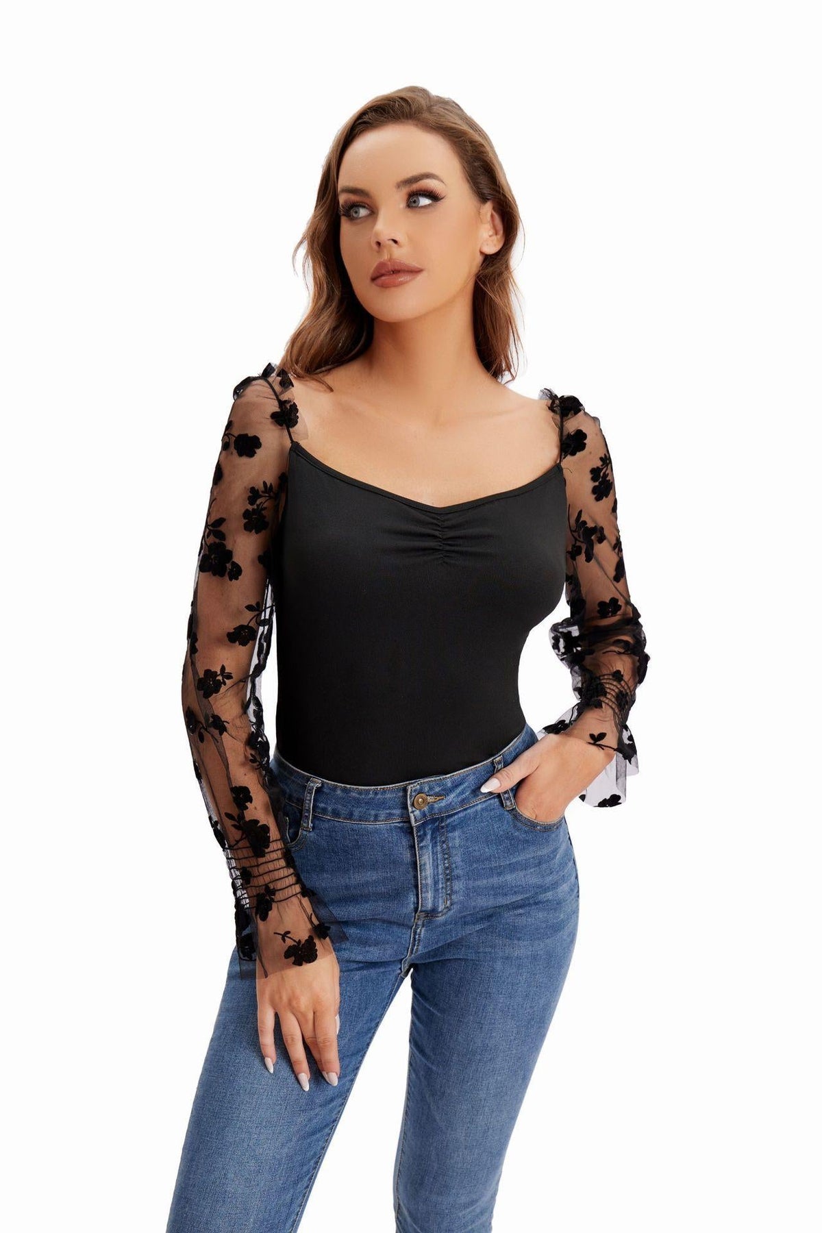 Women's Bodysuit with Floral Puff Sleeves