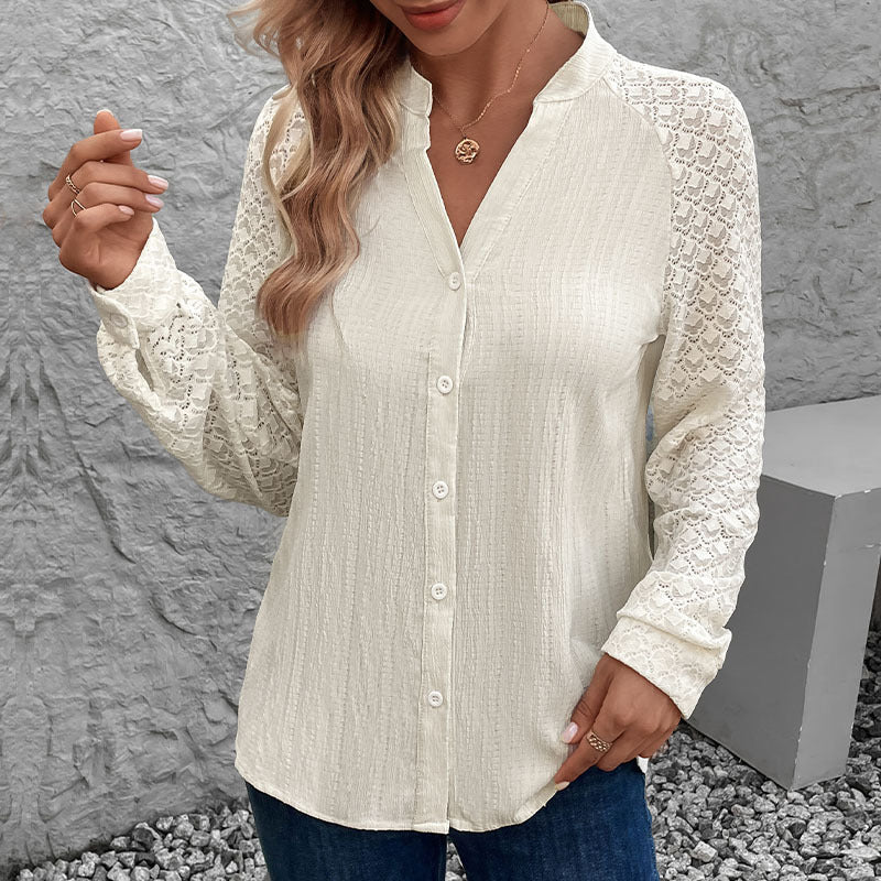 Women's Blouse with Elegant Lace Sleeves and Textured Fabric