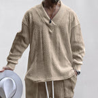 Men's relaxed knit ensemble with deep V-neck and elastic drawstring waistband