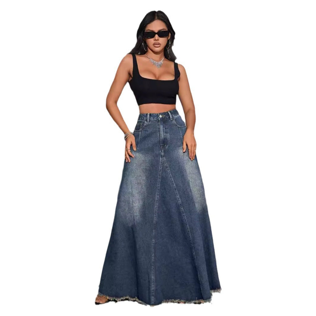 Women's Long Denim Skirt with Frayed Hem