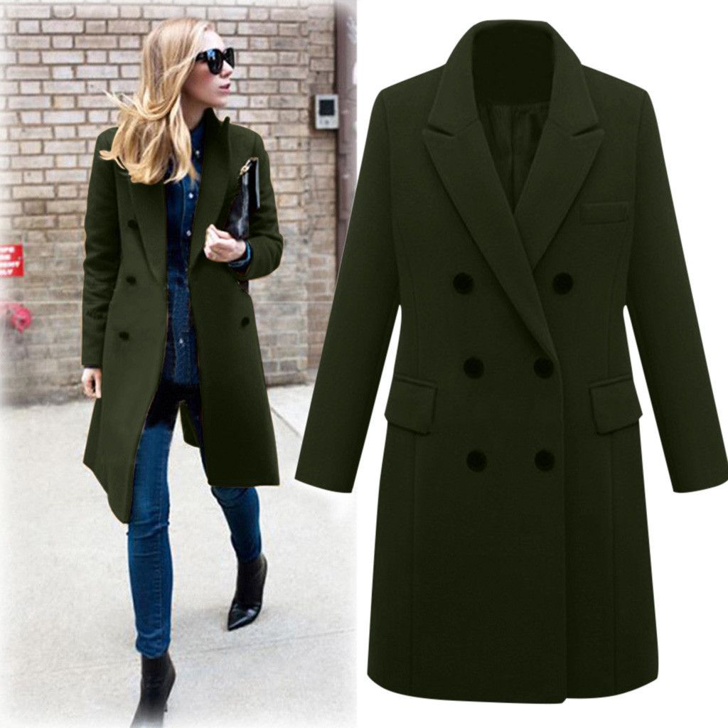 Women's Elegant Double-Breasted Wool Coat with Pockets