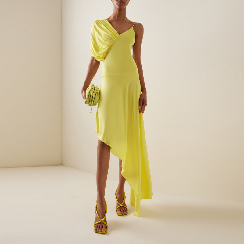 Women's Asymmetrical One-Piece Swimsuit with Voluminous Puff Sleeves