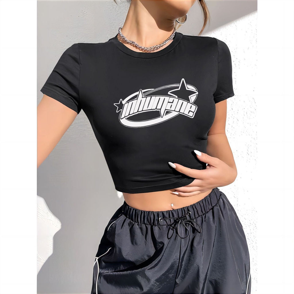 Women's Crop T-Shirt with Creative Lettering and Figure-Hugging Cut