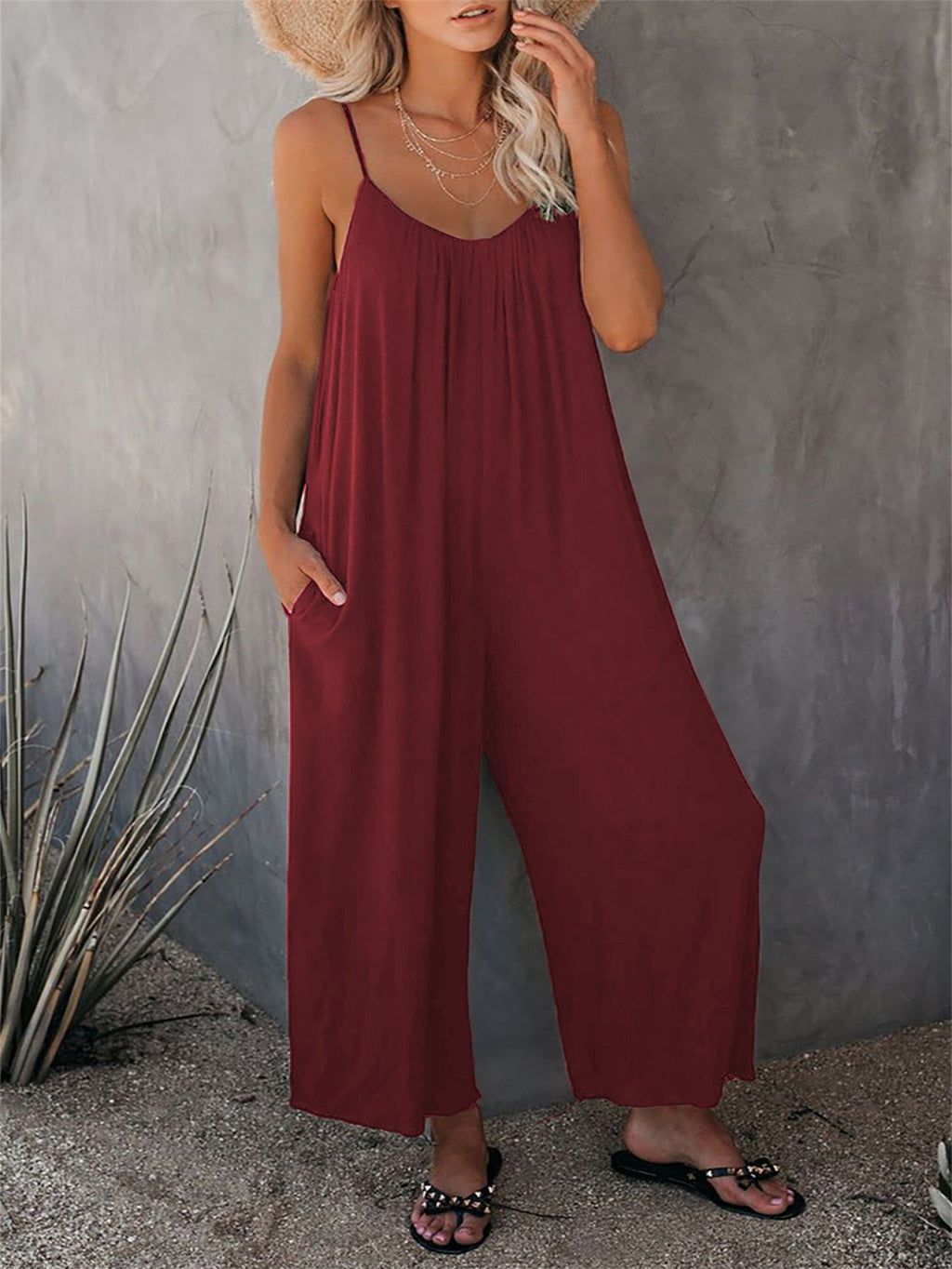 Women's Casual Summer Jumpsuit with Deep Neckline and Pockets