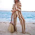 Women's Crocheted Leisure Suit with Wide Stripe Pattern and V-Neck