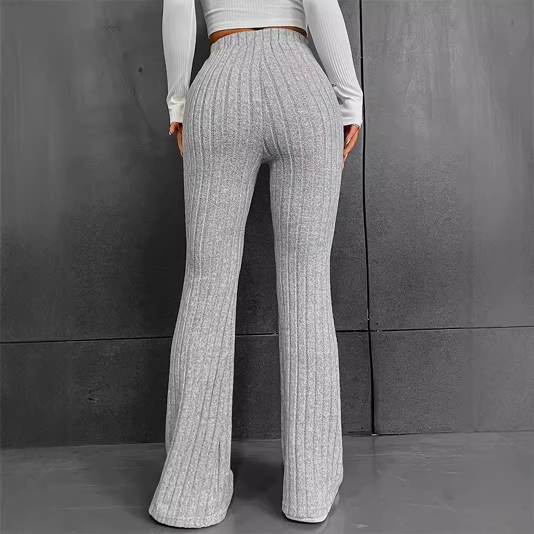 Women's Comfortable High-Waisted Ribbed Flared Knit Pants