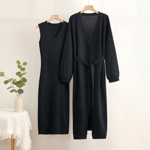2-Piece V-Neck Dress and Cardigan Set